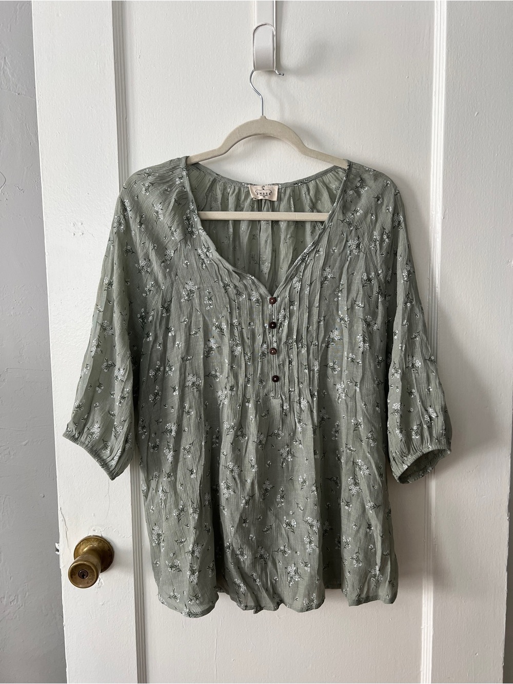 Women's Sage Floral Pintuck Button Blouse - Lightweight Peasant Top